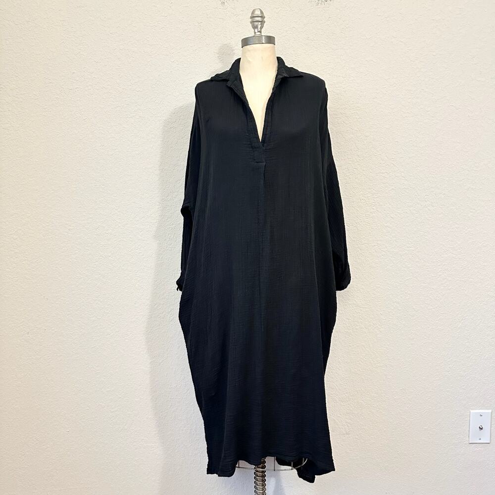 LAUDE THE LABEL Midi Dress Black Gauze Cotton Long Sleeve Seersucker - Picture 1 of 11